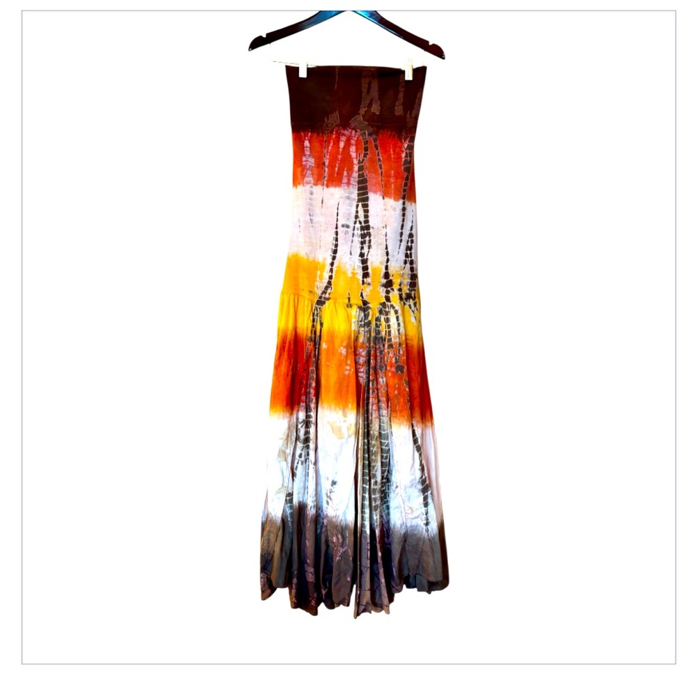 Baba Orange and brown tie-dye strapless maxi dress